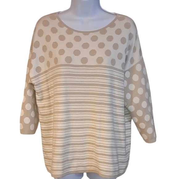 Chico's  Double Faced Polka Dots And Stripes Pullover Sweater Putty/Ecru Size 1 - Picture 1 of 5